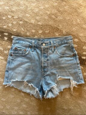 Levis Premium 501 Jean Shorts Womens 25 Blue Light Wash Button Fly Distressed